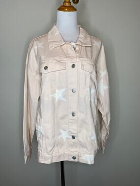 NWT Dress Up Pale Peach White Star Pattern Jean Jacket Sz Large Cotton